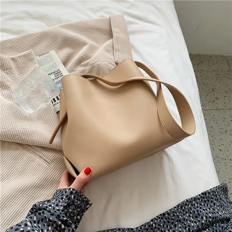 Christmas Gift PU Leather Bucket Shoulder Crossbody Bag For Women 2021 Branded Simple Trendy Luxury Solid Color Handbags Female Travel