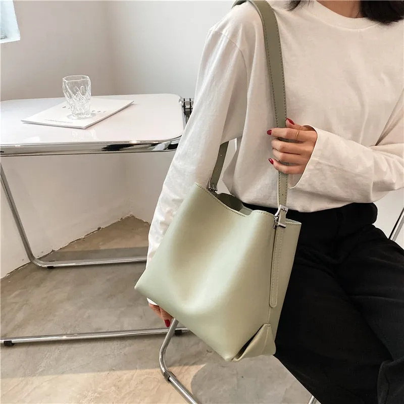 Christmas Gift PU Leather Bucket Shoulder Crossbody Bag For Women 2021 Branded Simple Trendy Luxury Solid Color Handbags Female Travel