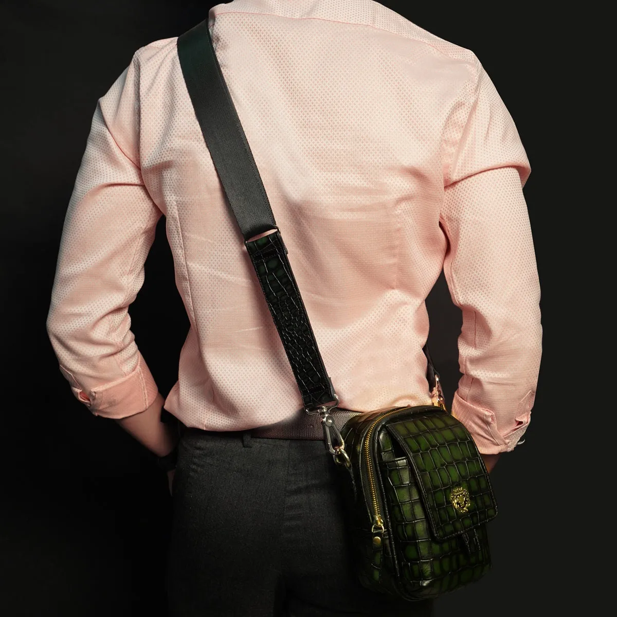 Cross-Body Green Bag In Croco Textured Leather