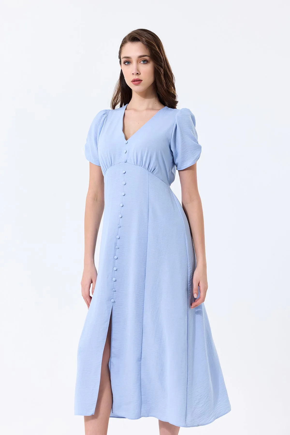 Effortless Button-Up Midi Dress in Soft Blue Linen