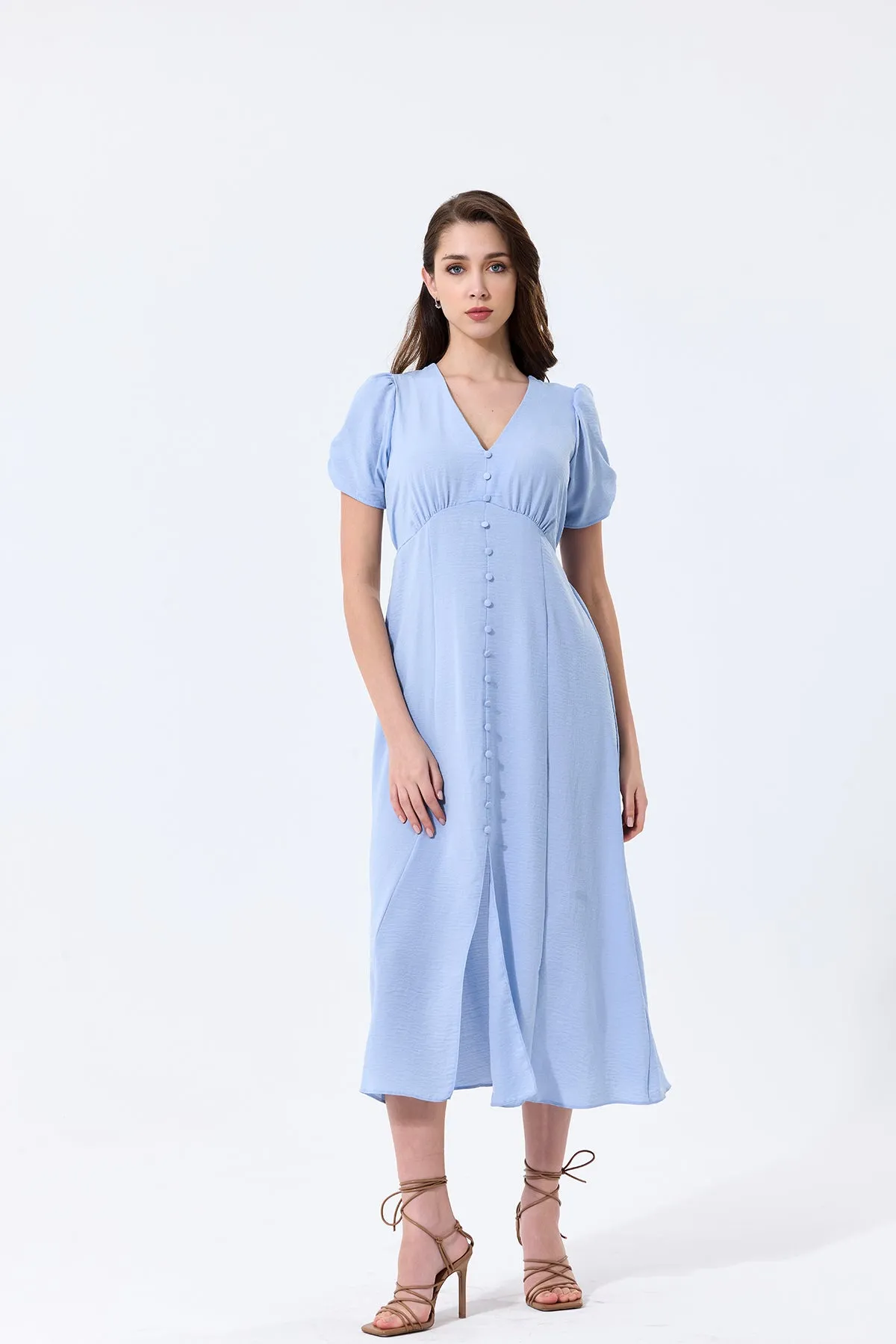 Effortless Button-Up Midi Dress in Soft Blue Linen