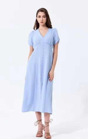 Effortless Button-Up Midi Dress in Soft Blue Linen