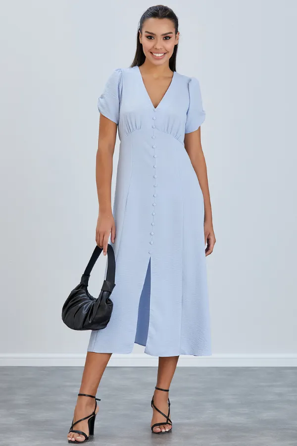 Effortless Button-Up Midi Dress in Soft Blue Linen