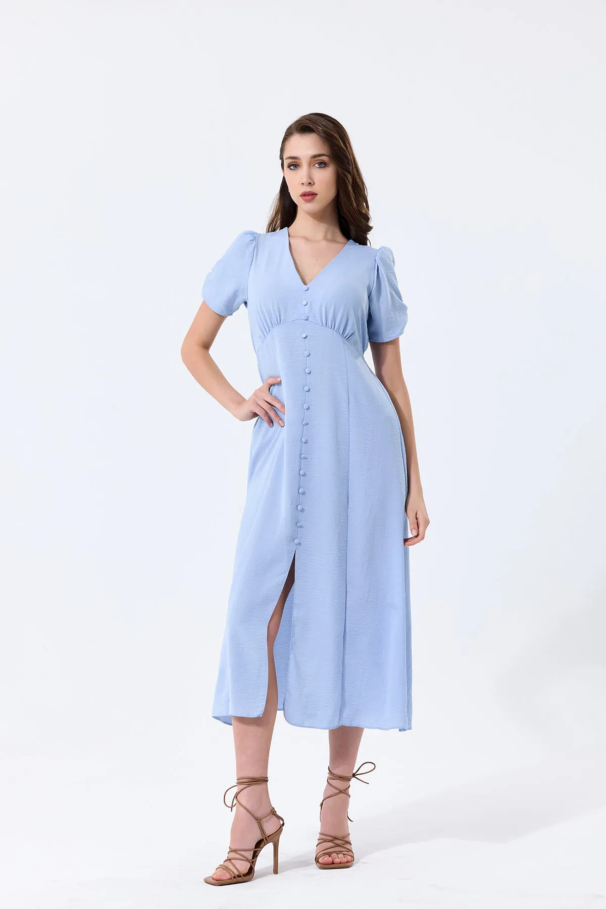 Effortless Button-Up Midi Dress in Soft Blue Linen