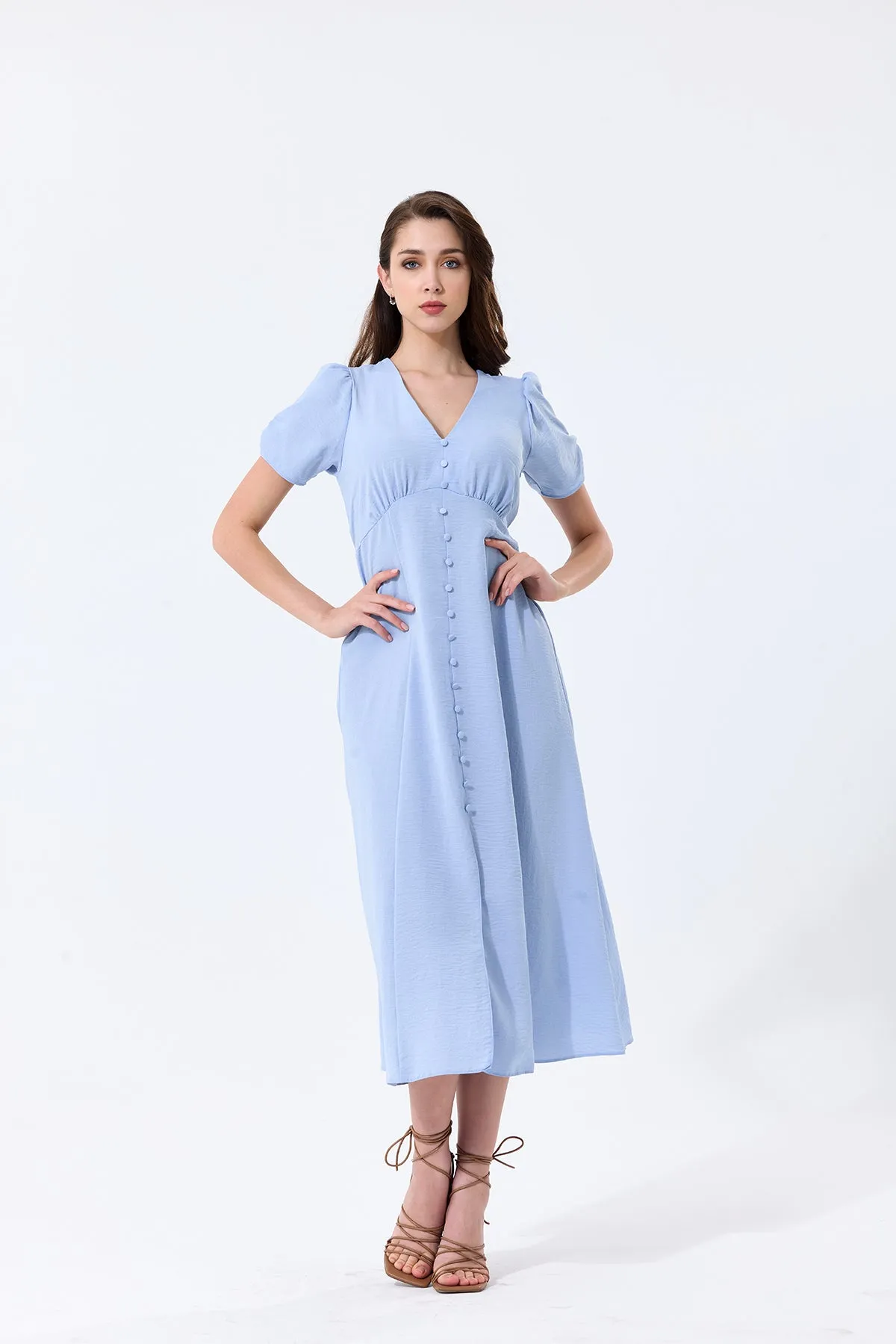 Effortless Button-Up Midi Dress in Soft Blue Linen