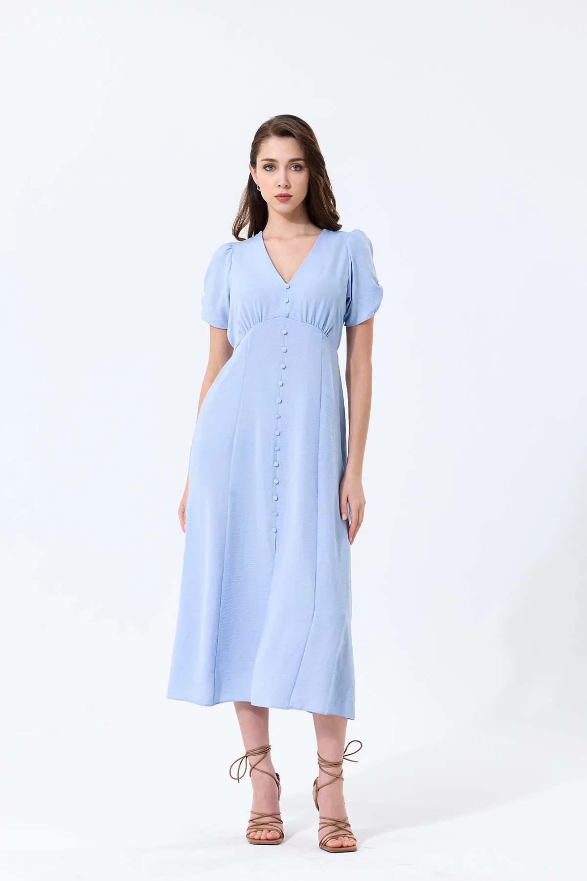 Effortless Button-Up Midi Dress in Soft Blue Linen