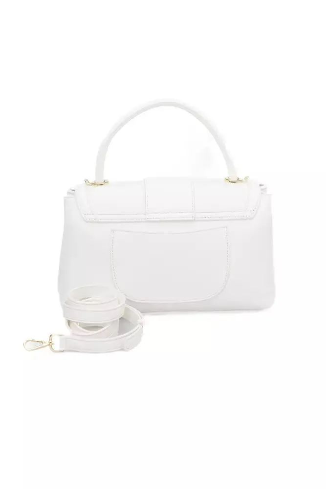 Elegant White Shoulder Flap Bag with Golden Accents