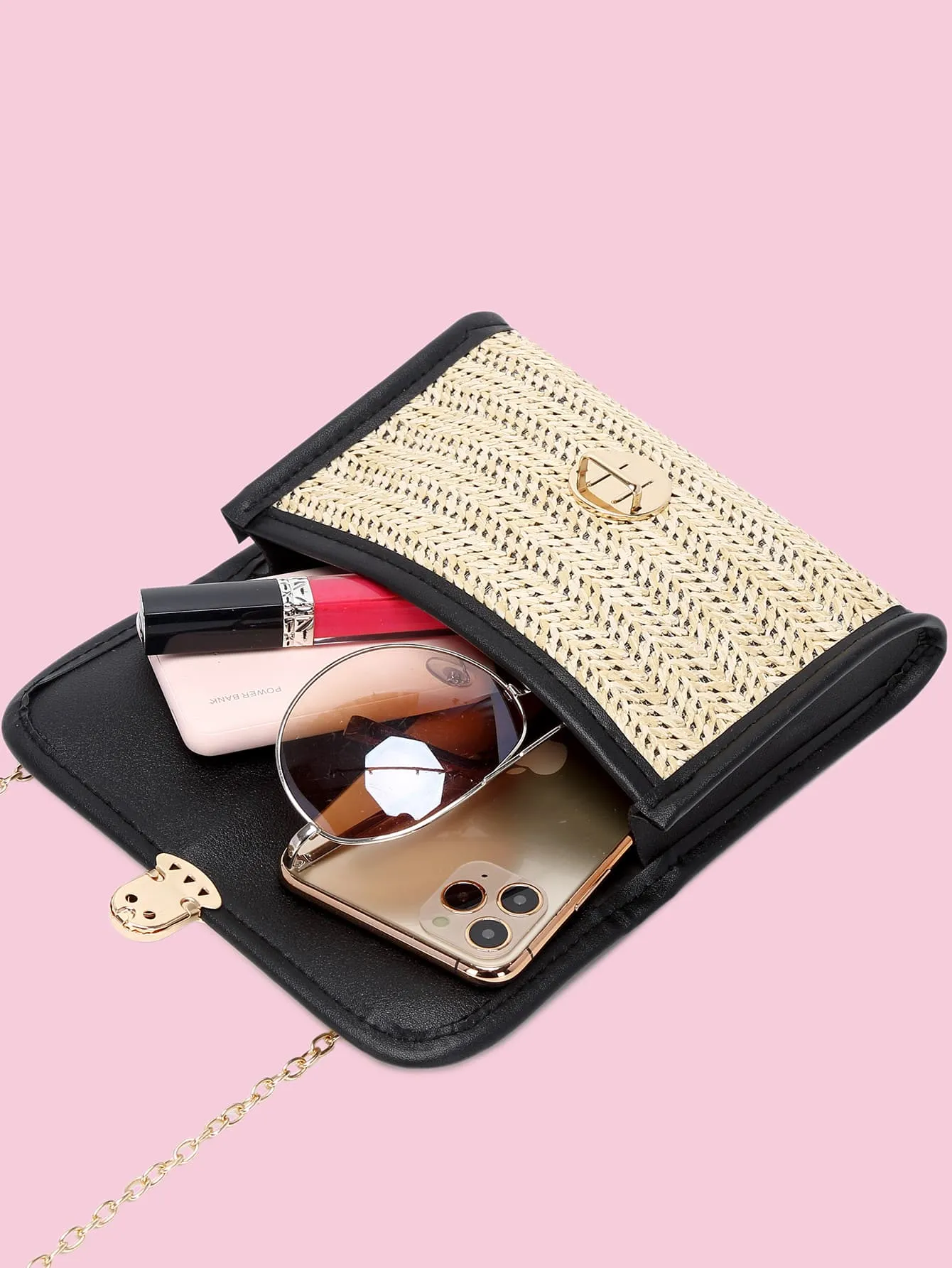Faux Pearl Beaded Push Lock Straw Bag