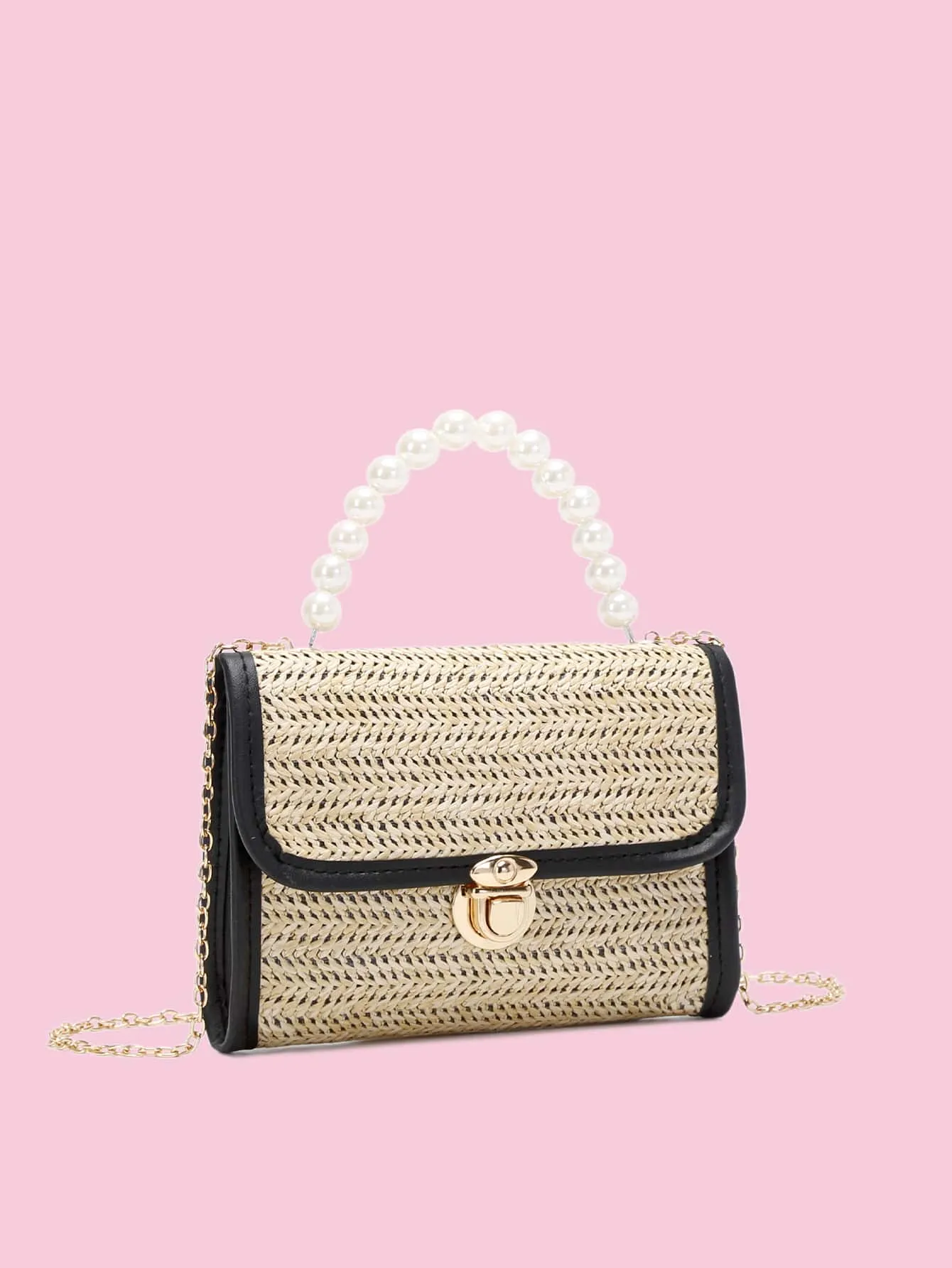 Faux Pearl Beaded Push Lock Straw Bag