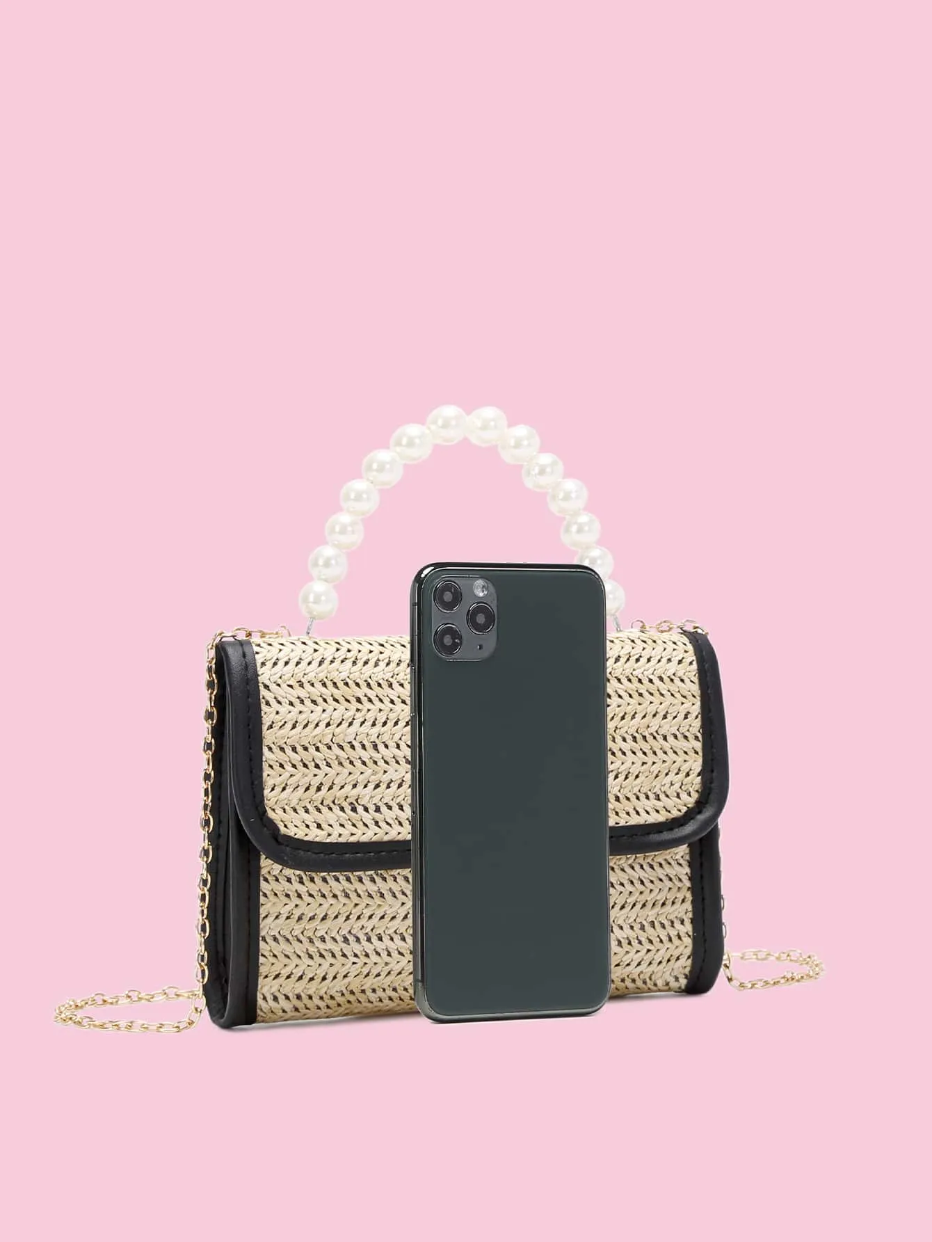 Faux Pearl Beaded Push Lock Straw Bag