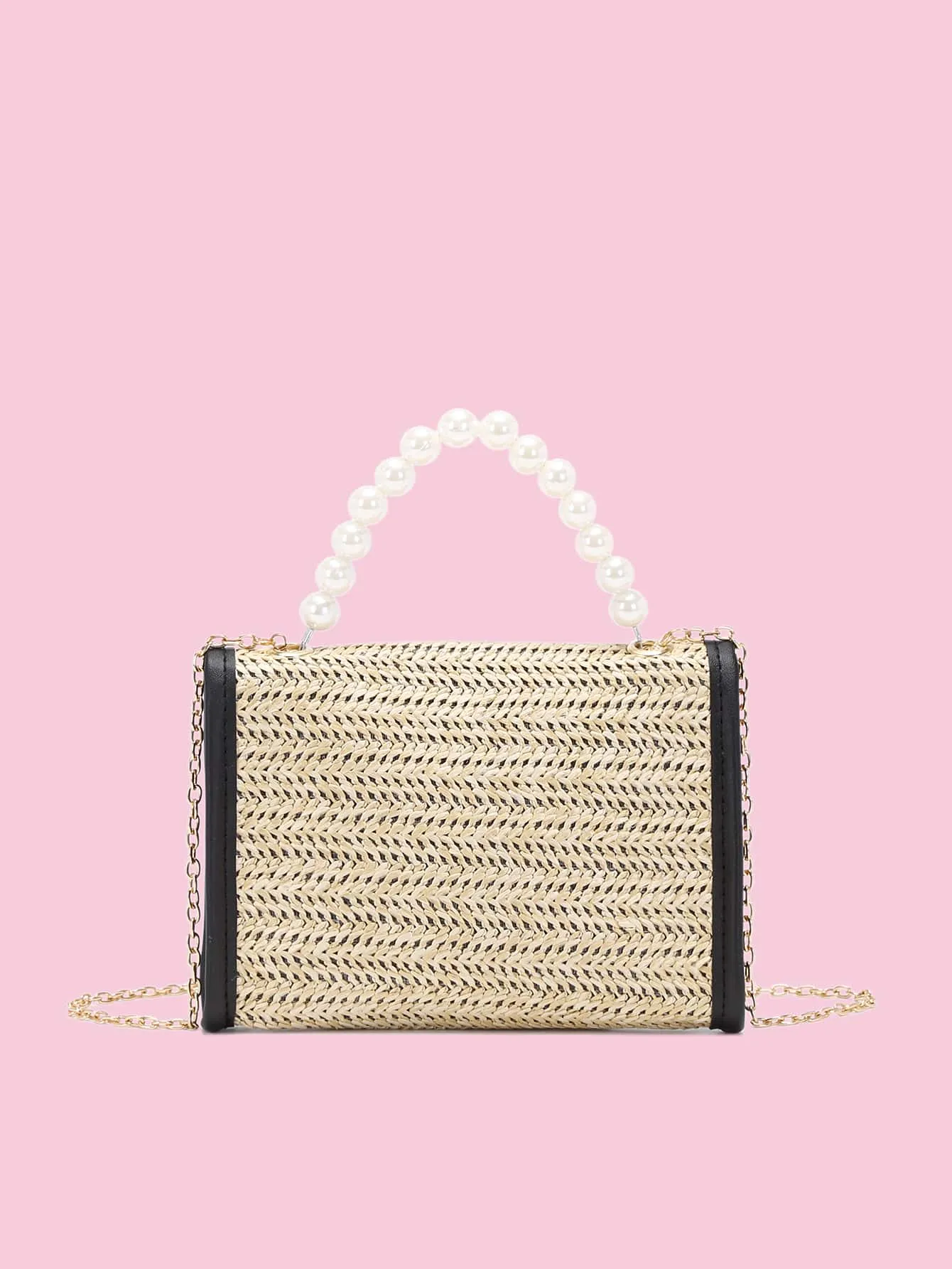 Faux Pearl Beaded Push Lock Straw Bag