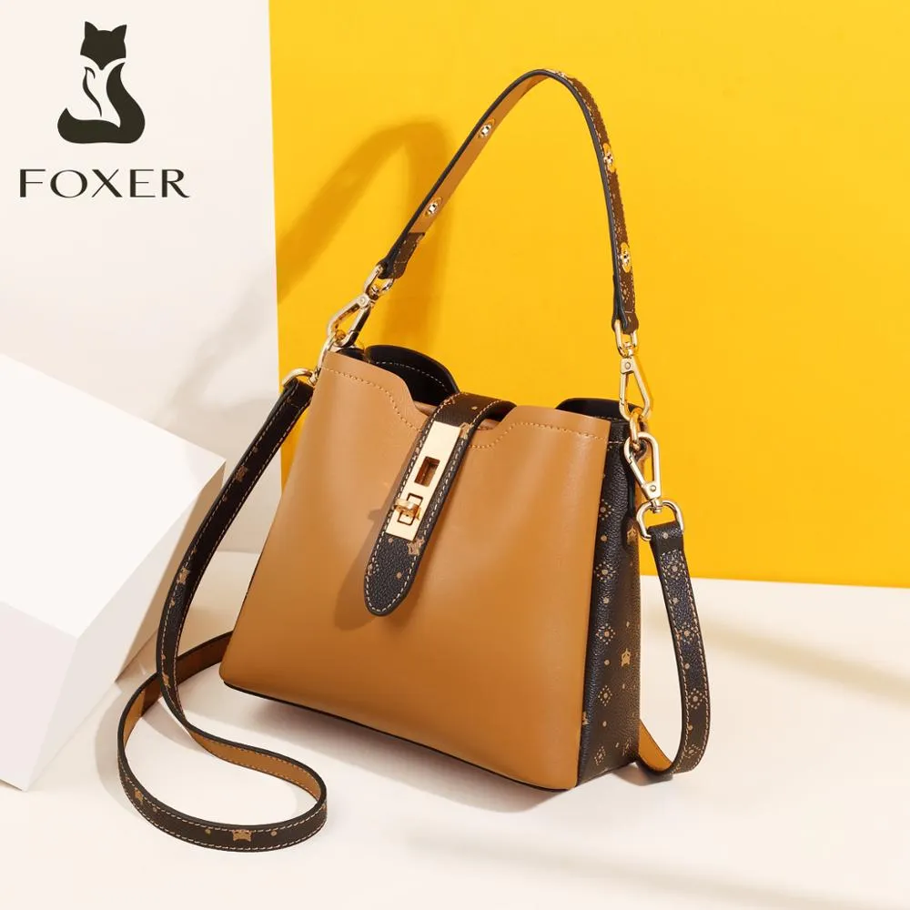 FOXER Fashion Ladies Shoulder Bags PVC Leather Women Commute Bucket Bags Vintage Monogram Tote Bags Top Handle Bag for Female