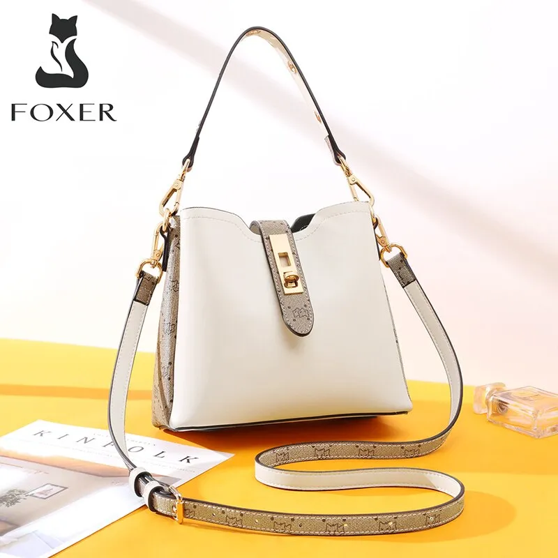 FOXER Fashion Ladies Shoulder Bags PVC Leather Women Commute Bucket Bags Vintage Monogram Tote Bags Top Handle Bag for Female