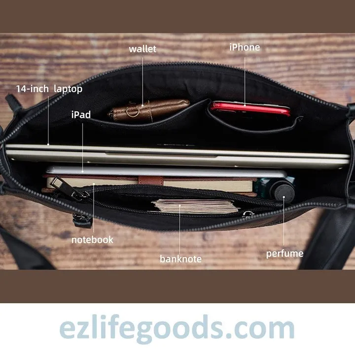 Full Grain Genuine Leather Messenger Bag - High Capacity Shoulder Bag for Men