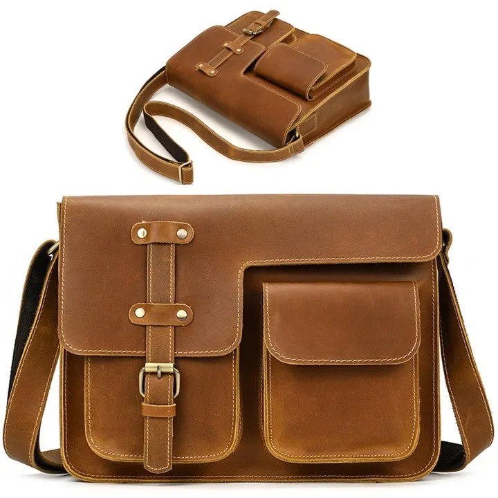 Genuine Cow Leather Messenger Bag for Men| Mens Crossbody with Many Pockets