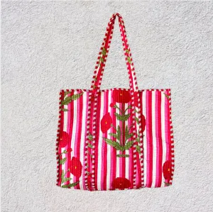 Handmade Boho Cotton Pink Stripe Floral Quilted Bags Beach Tote Bag