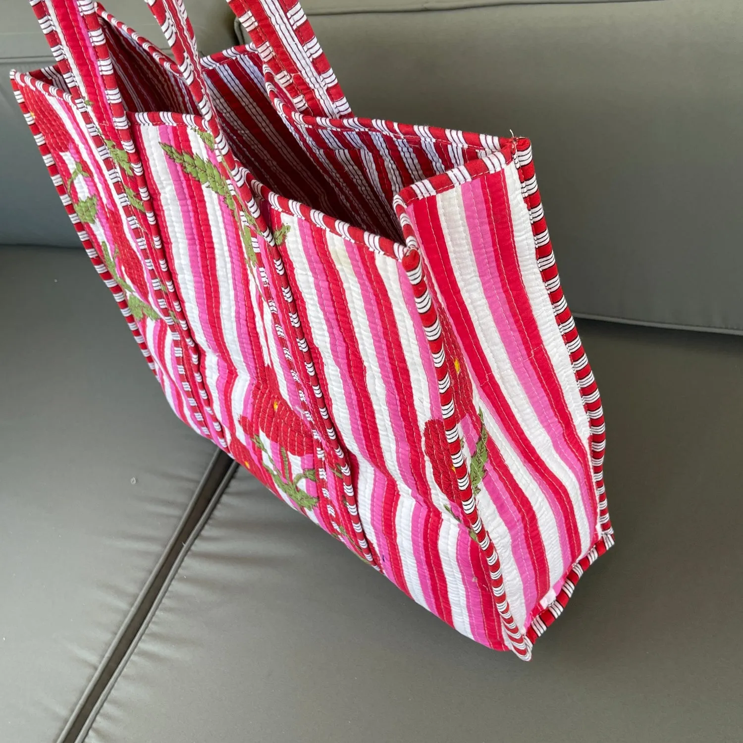 Handmade Boho Cotton Pink Stripe Floral Quilted Bags Beach Tote Bag