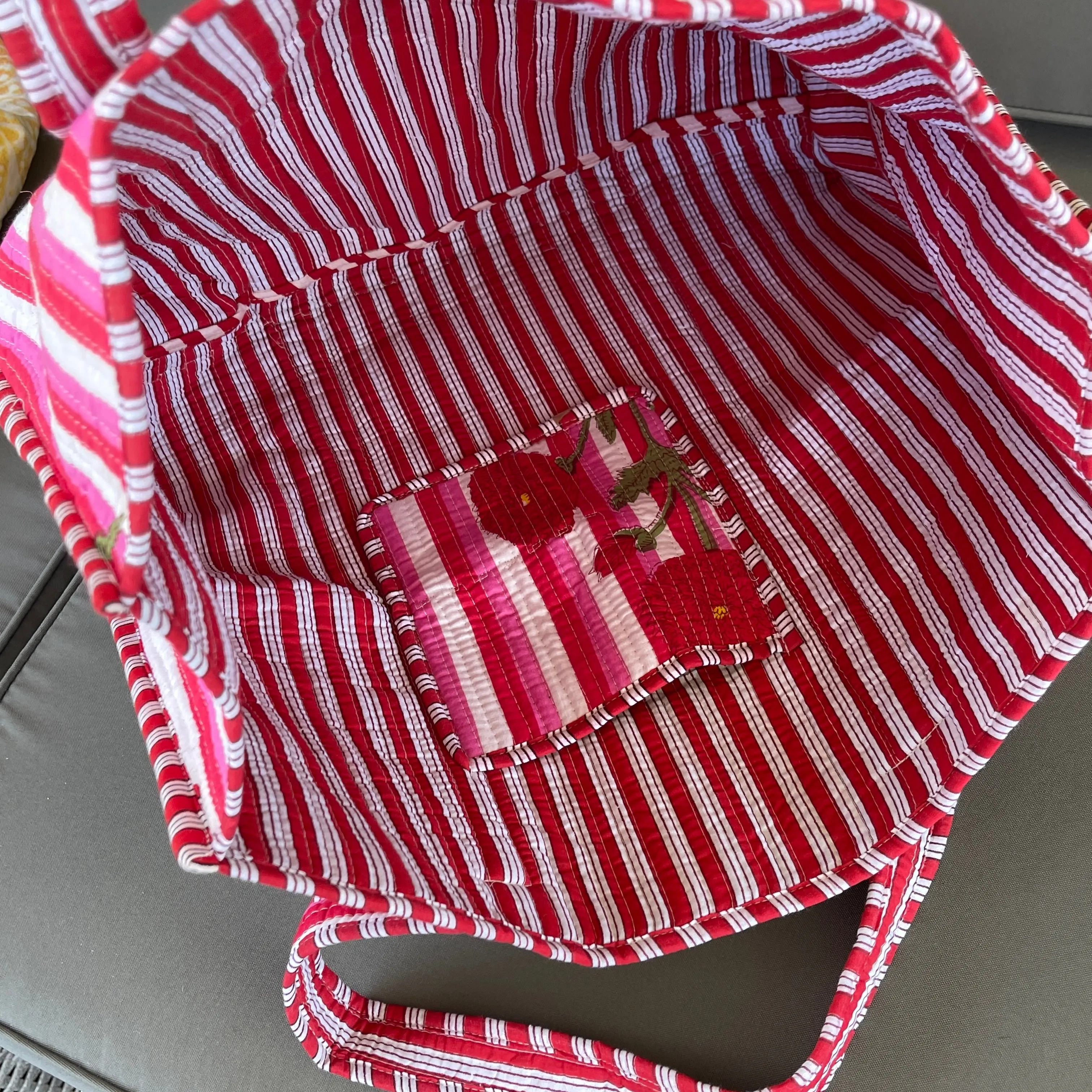 Handmade Boho Cotton Pink Stripe Floral Quilted Bags Beach Tote Bag