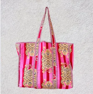 Handmade Boho Cotton Pink Stripe Tiger Quilted Bags Beach Tote Bag