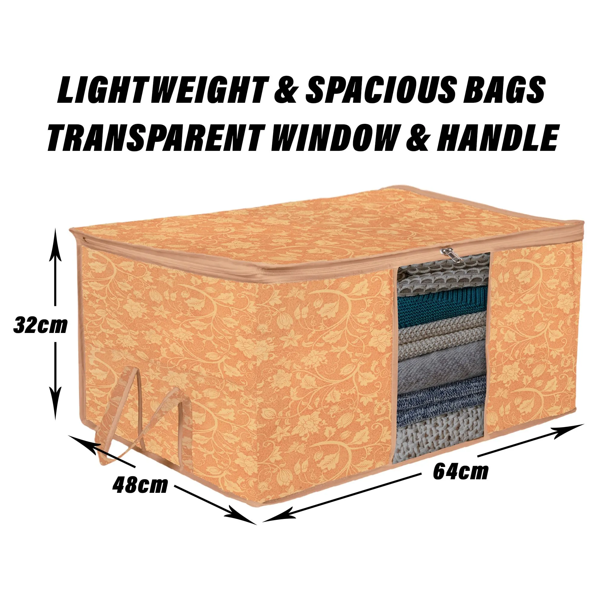 Heart Home Underbed Storage Bag | Clothes Storage Organizer | Blanket Cover with Clear Window | Zipper Closure & Handle Cloth Organizer | New Flower-Design | Large | Pack of 2 | Brown