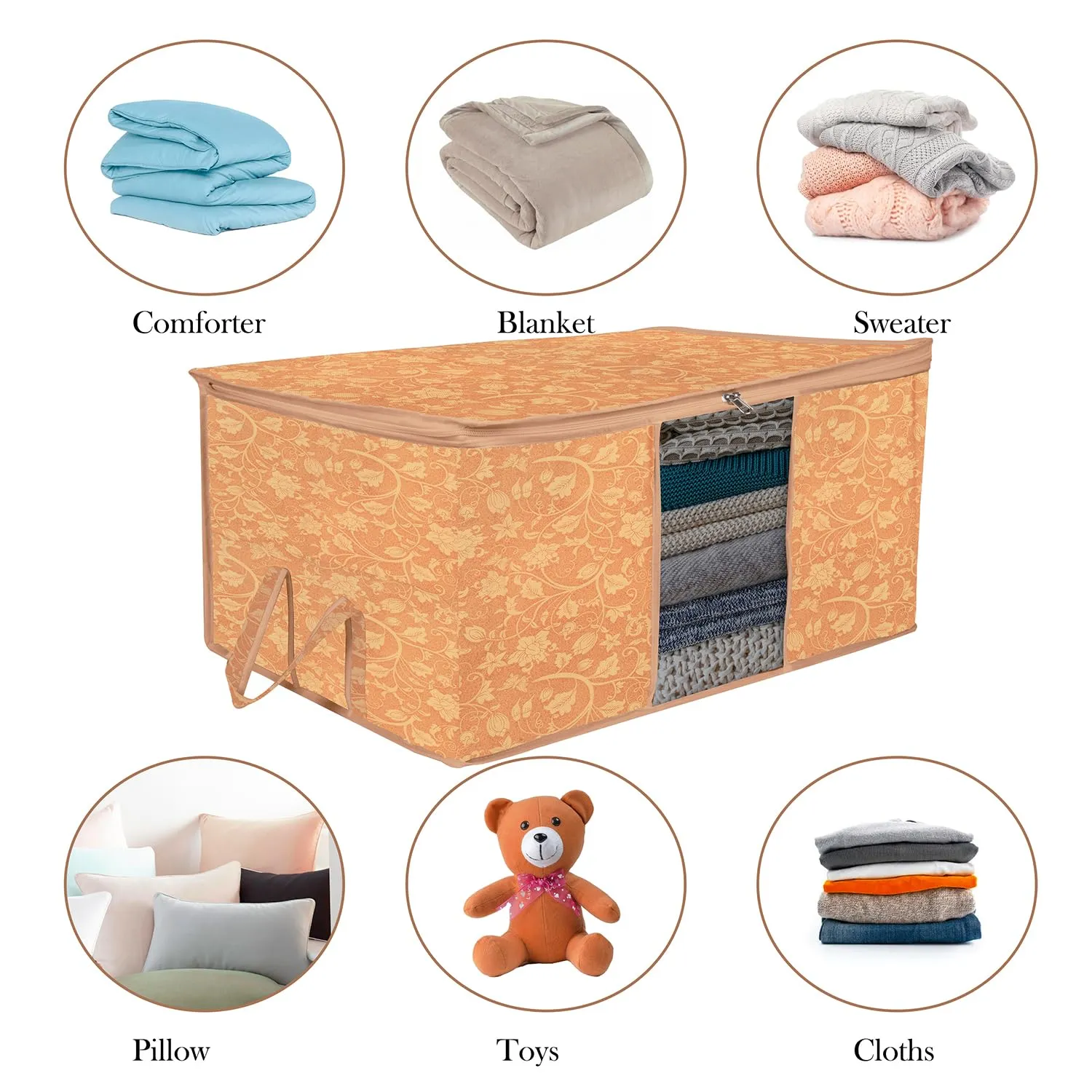 Heart Home Underbed Storage Bag | Clothes Storage Organizer | Blanket Cover with Clear Window | Zipper Closure & Handle Cloth Organizer | New Flower-Design | Large | Pack of 2 | Brown