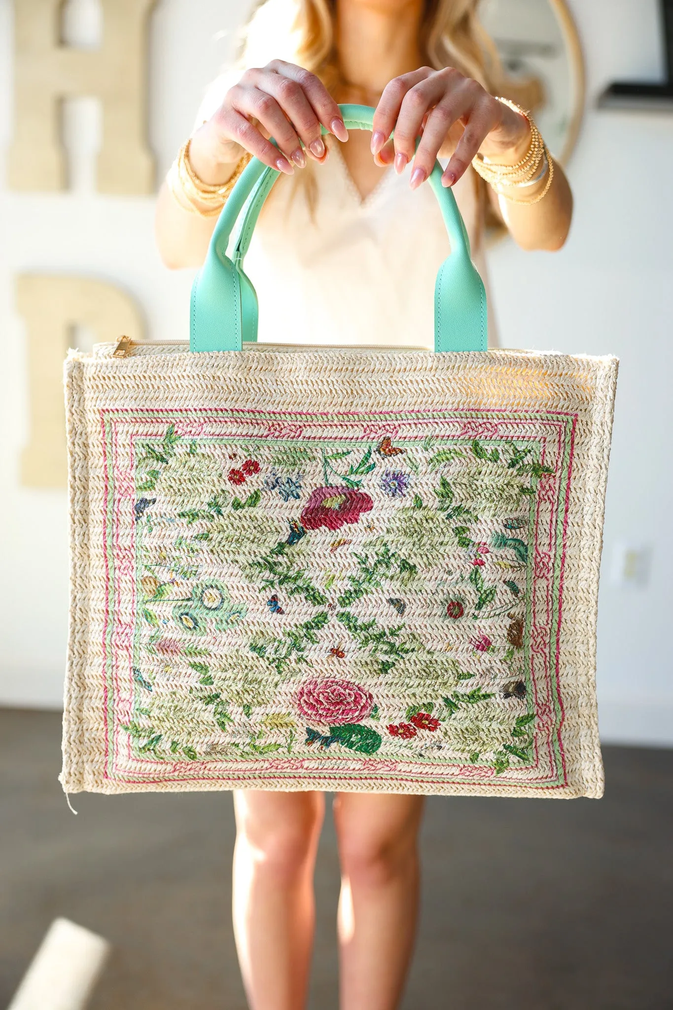 Janine Patterned Straw Crossbody Tote