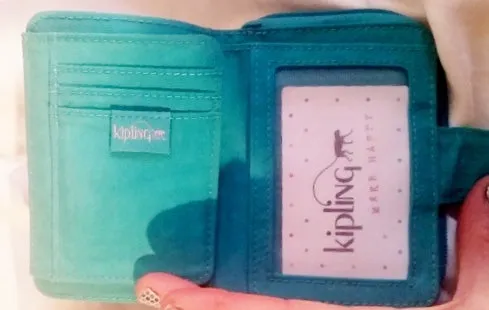 KIPLING BIFOLD Vegan Nylon change purse Wallet Organizer Signature Aqua Blue MONKEY