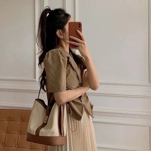 Korean Patchwork women Bucket Shoulder bags Canvas female handbag and purses large Capacity Crossbody Bag ladies composite bags