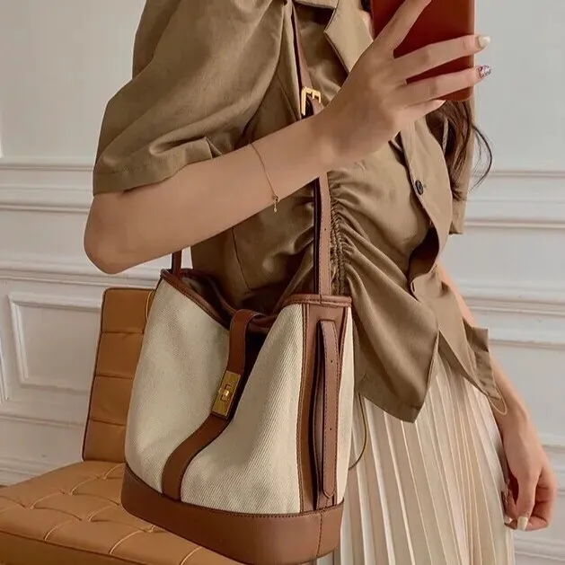Korean Patchwork women Bucket Shoulder bags Canvas female handbag and purses large Capacity Crossbody Bag ladies composite bags