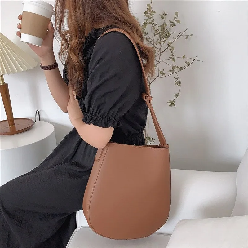 Korean style women Bucket Bags PU Leather Female purse and Handbags 2021 vintage Wide strap Shoulder Bags for ladies totes
