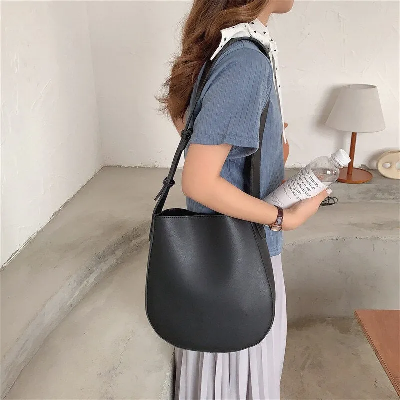 Korean style women Bucket Bags PU Leather Female purse and Handbags 2021 vintage Wide strap Shoulder Bags for ladies totes