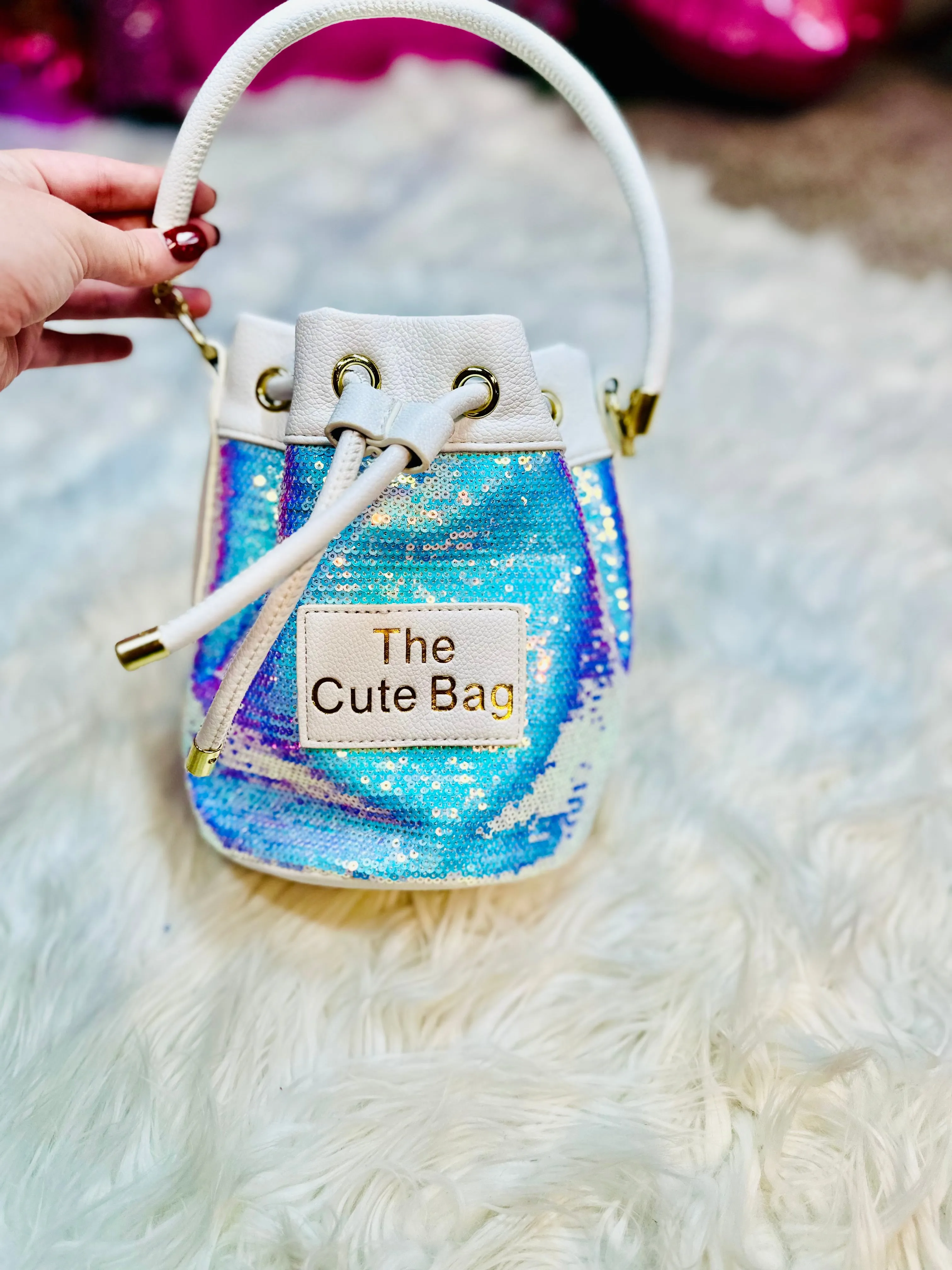 Leather & Sparkles Bucket Bag Tote Purse - White