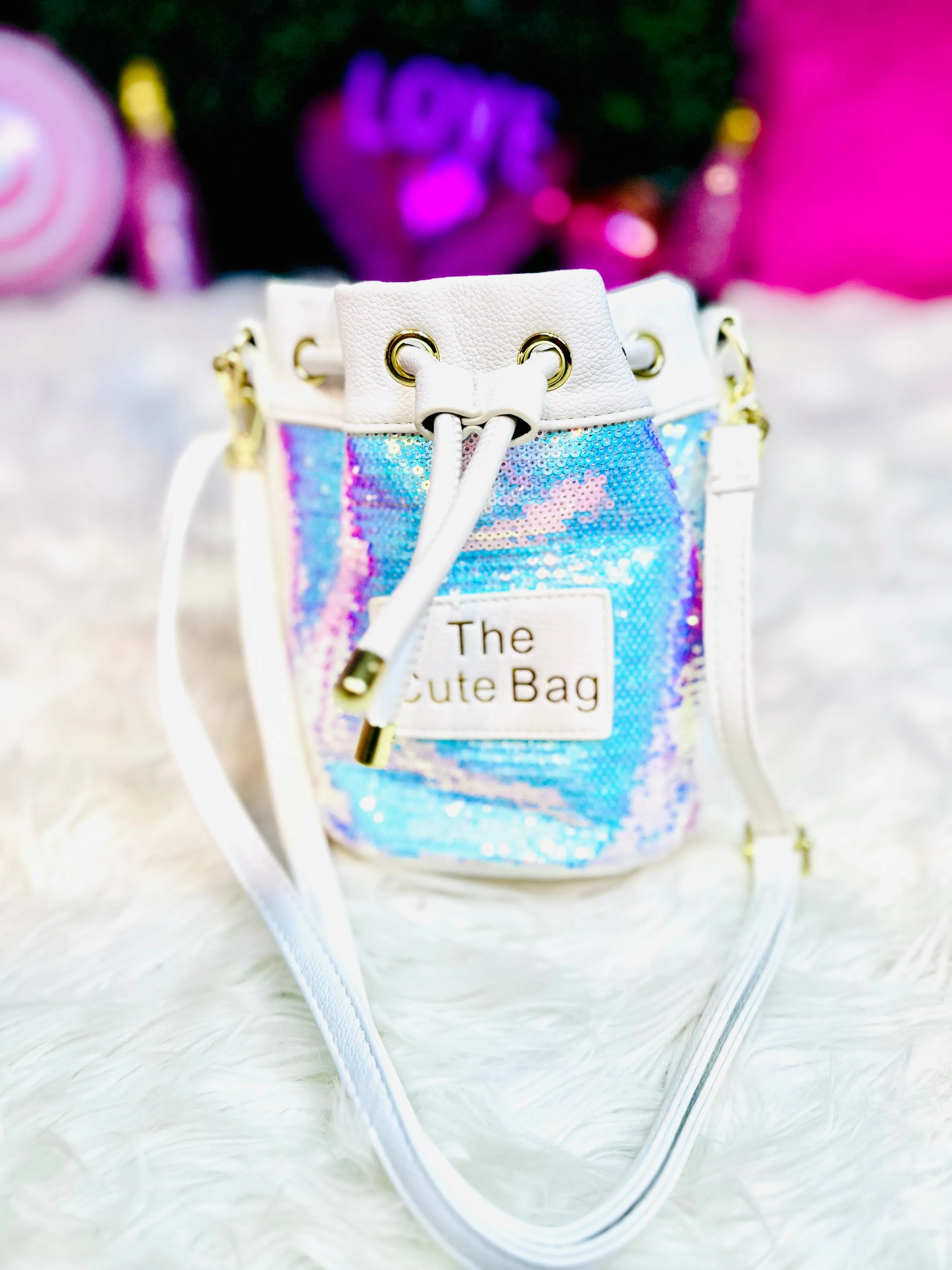 Leather & Sparkles Bucket Bag Tote Purse - White