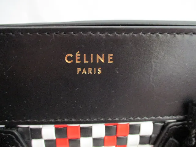 NEW CELINE PARIS MINI LUGGAGE BLACK WHITE RED Woven Leather Tote Bag NWT