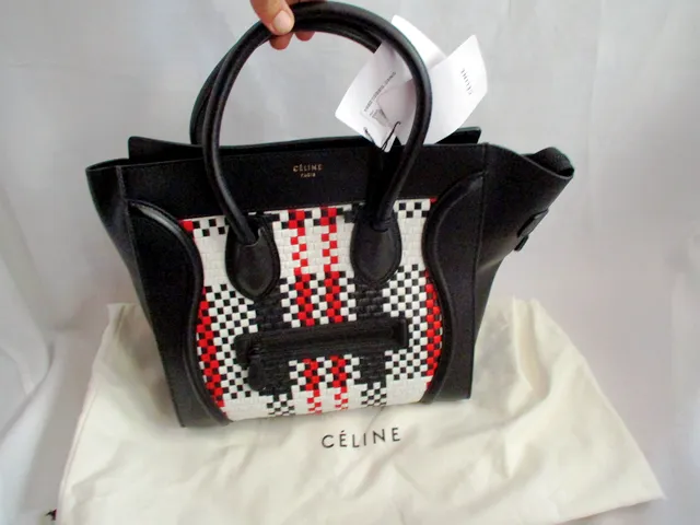 NEW CELINE PARIS MINI LUGGAGE BLACK WHITE RED Woven Leather Tote Bag NWT