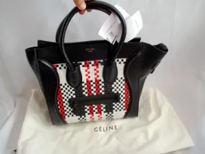 NEW CELINE PARIS MINI LUGGAGE BLACK WHITE RED Woven Leather Tote Bag NWT