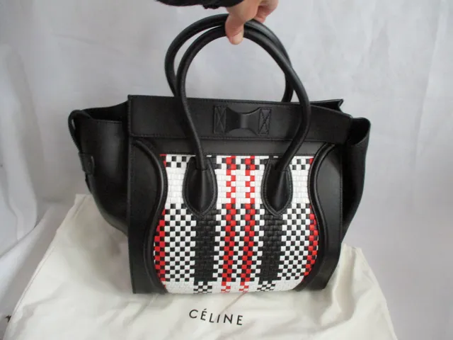 NEW CELINE PARIS MINI LUGGAGE BLACK WHITE RED Woven Leather Tote Bag NWT