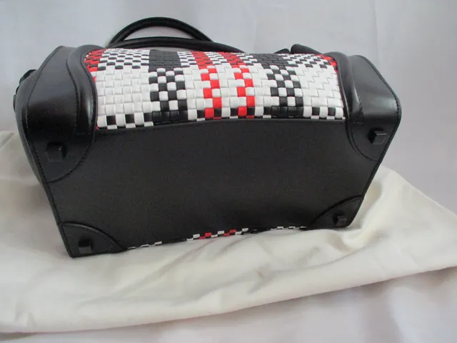 NEW CELINE PARIS MINI LUGGAGE BLACK WHITE RED Woven Leather Tote Bag NWT