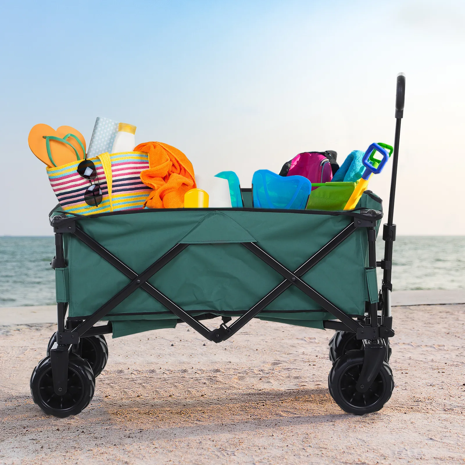 Outsunny Folding Outdoor Cart - Portable Pull Along Wagon with Telescopic Handle & Anti-Slip Wheels - Ideal for Beach & Garden, Green