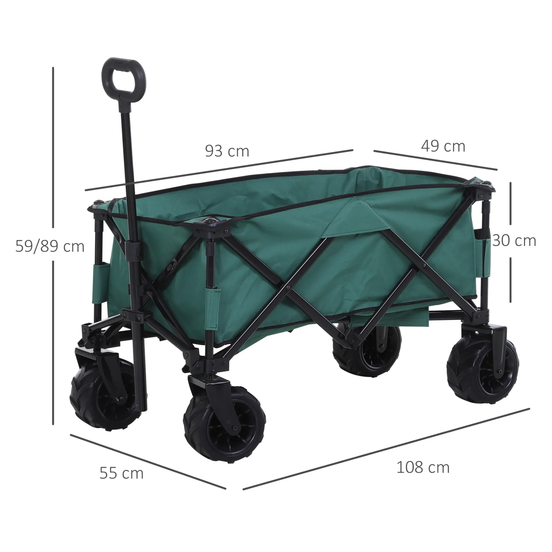 Outsunny Folding Outdoor Cart - Portable Pull Along Wagon with Telescopic Handle & Anti-Slip Wheels - Ideal for Beach & Garden, Green