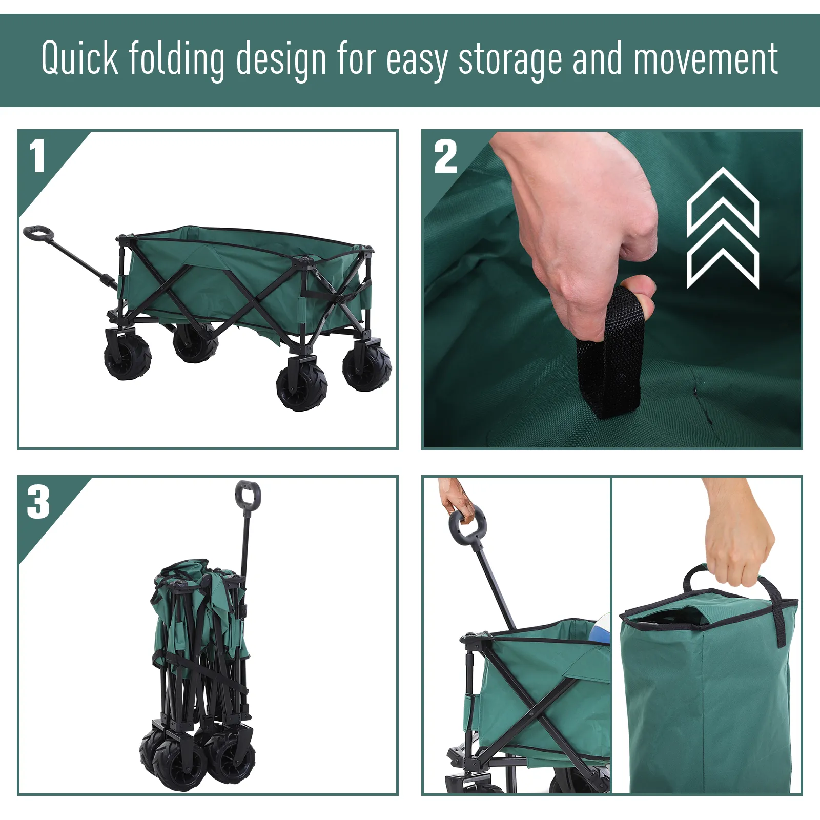 Outsunny Folding Outdoor Cart - Portable Pull Along Wagon with Telescopic Handle & Anti-Slip Wheels - Ideal for Beach & Garden, Green