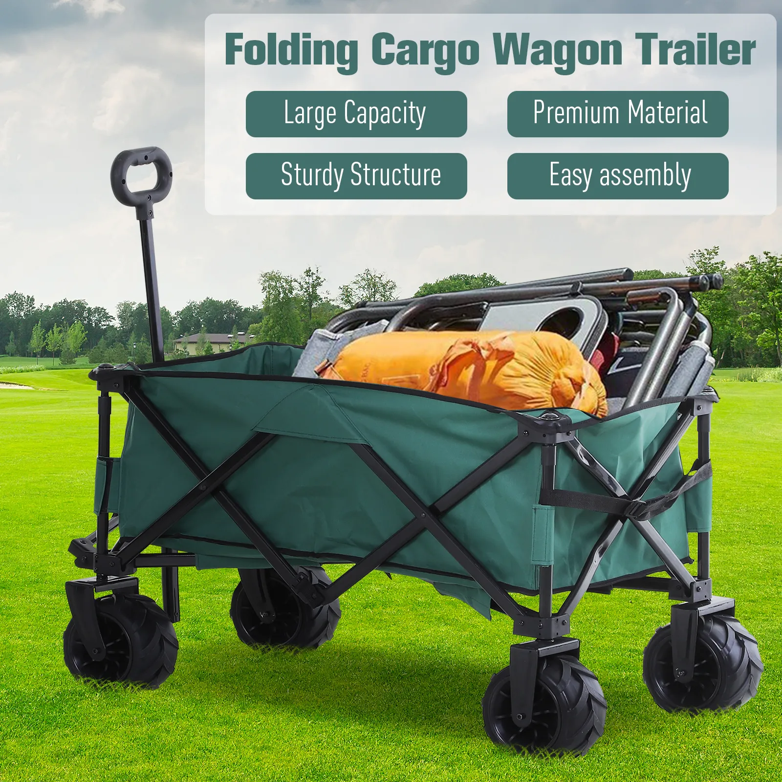 Outsunny Folding Outdoor Cart - Portable Pull Along Wagon with Telescopic Handle & Anti-Slip Wheels - Ideal for Beach & Garden, Green