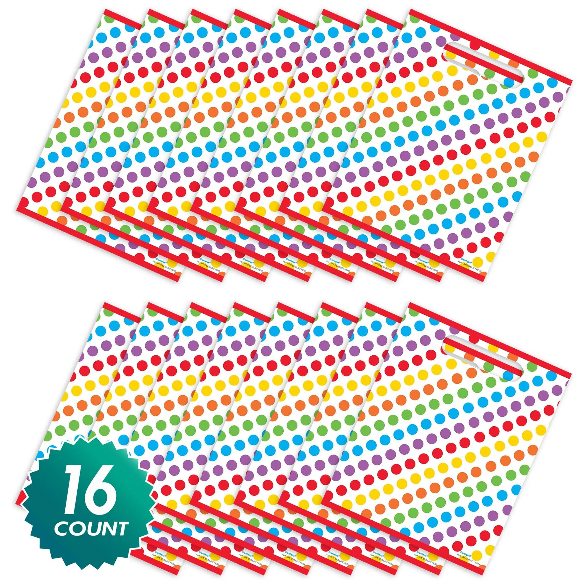 Rainbow Dot Birthday Party Plastic Loot Bags & Party Favor Bags, 11 Inch Size, 16 Count