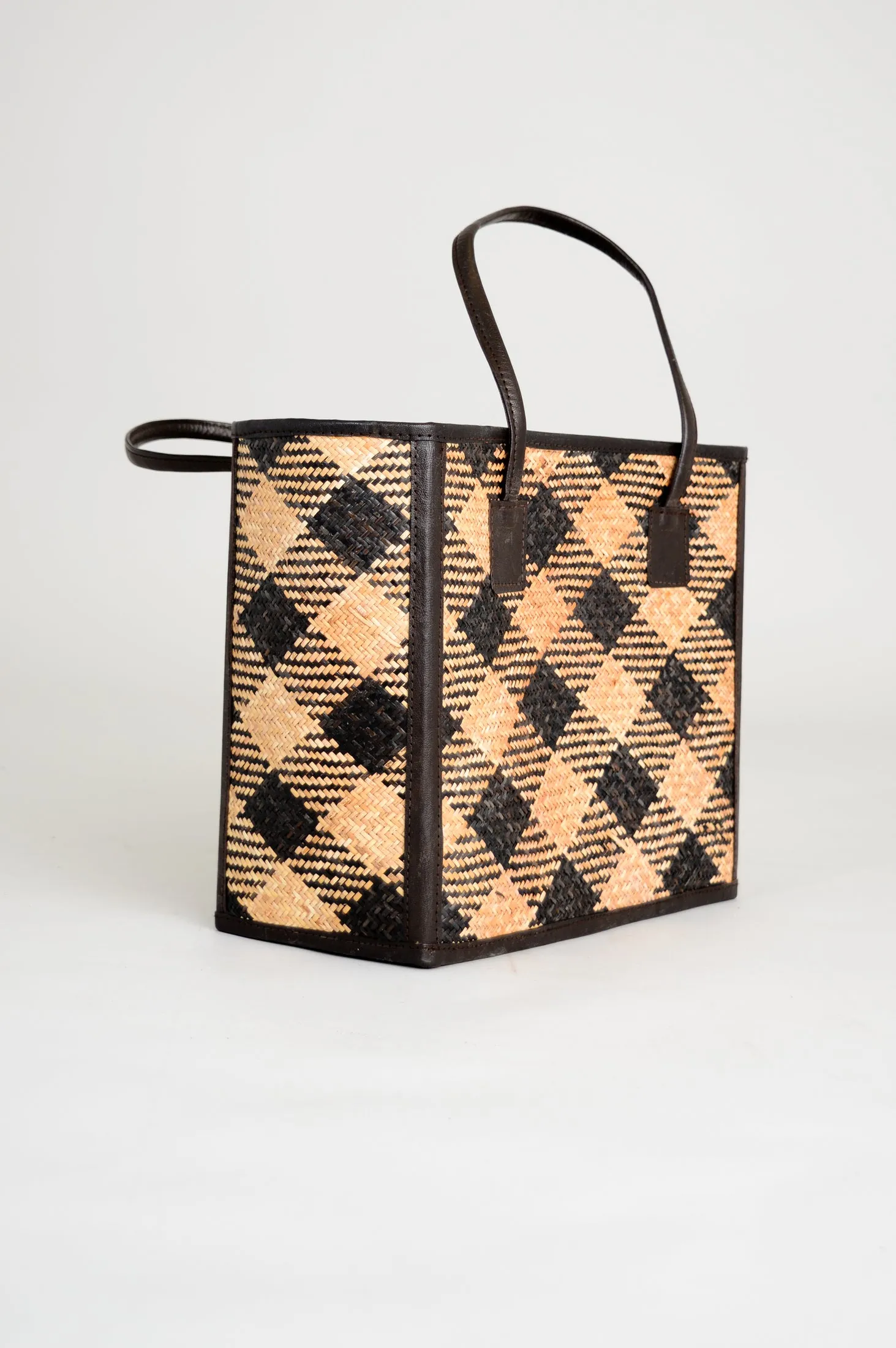 Rectangle Rattan Purse with Black Leather, Small