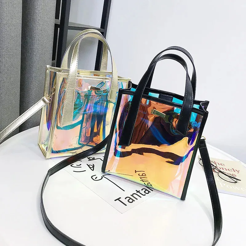Sohiwoo Fashion Women Summer Beach Tote Holographic Clear Crossbody Bag Stylish Jelly Purse Ladies Transparent Laser PU Handbag