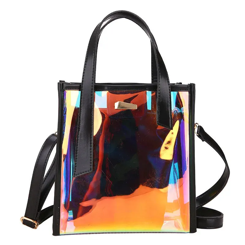 Sohiwoo Fashion Women Summer Beach Tote Holographic Clear Crossbody Bag Stylish Jelly Purse Ladies Transparent Laser PU Handbag