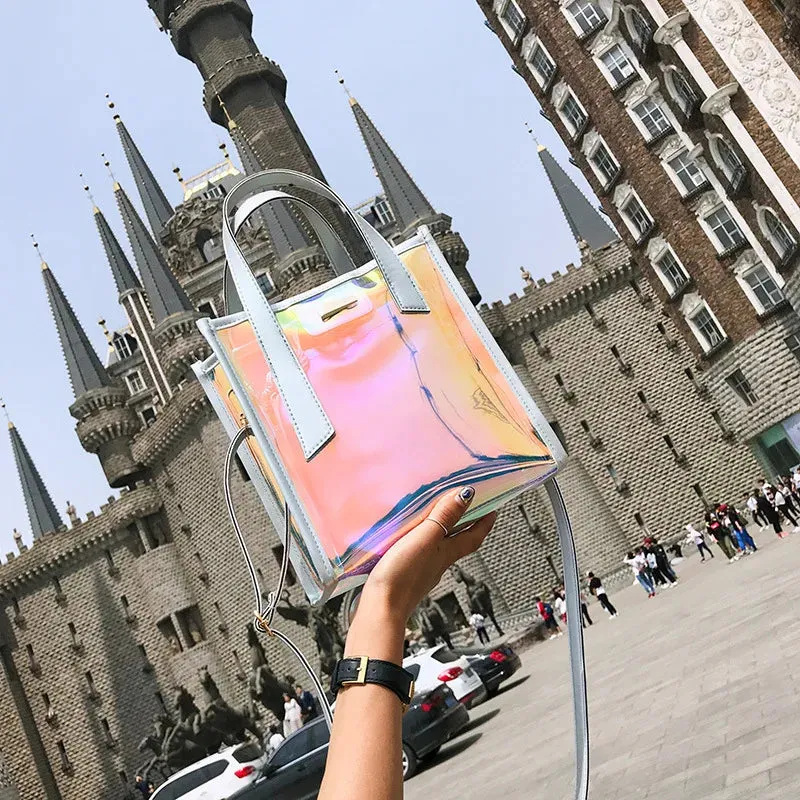 Sohiwoo Fashion Women Summer Beach Tote Holographic Clear Crossbody Bag Stylish Jelly Purse Ladies Transparent Laser PU Handbag