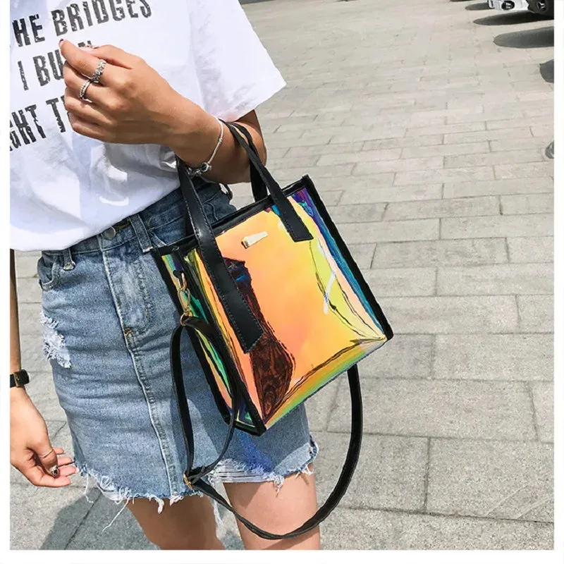 Sohiwoo Fashion Women Summer Beach Tote Holographic Clear Crossbody Bag Stylish Jelly Purse Ladies Transparent Laser PU Handbag