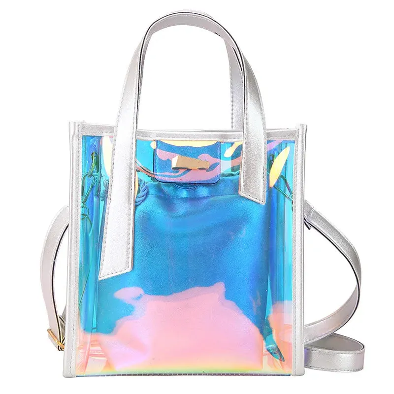 Sohiwoo Fashion Women Summer Beach Tote Holographic Clear Crossbody Bag Stylish Jelly Purse Ladies Transparent Laser PU Handbag