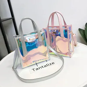 Sohiwoo Fashion Women Summer Beach Tote Holographic Clear Crossbody Bag Stylish Jelly Purse Ladies Transparent Laser PU Handbag
